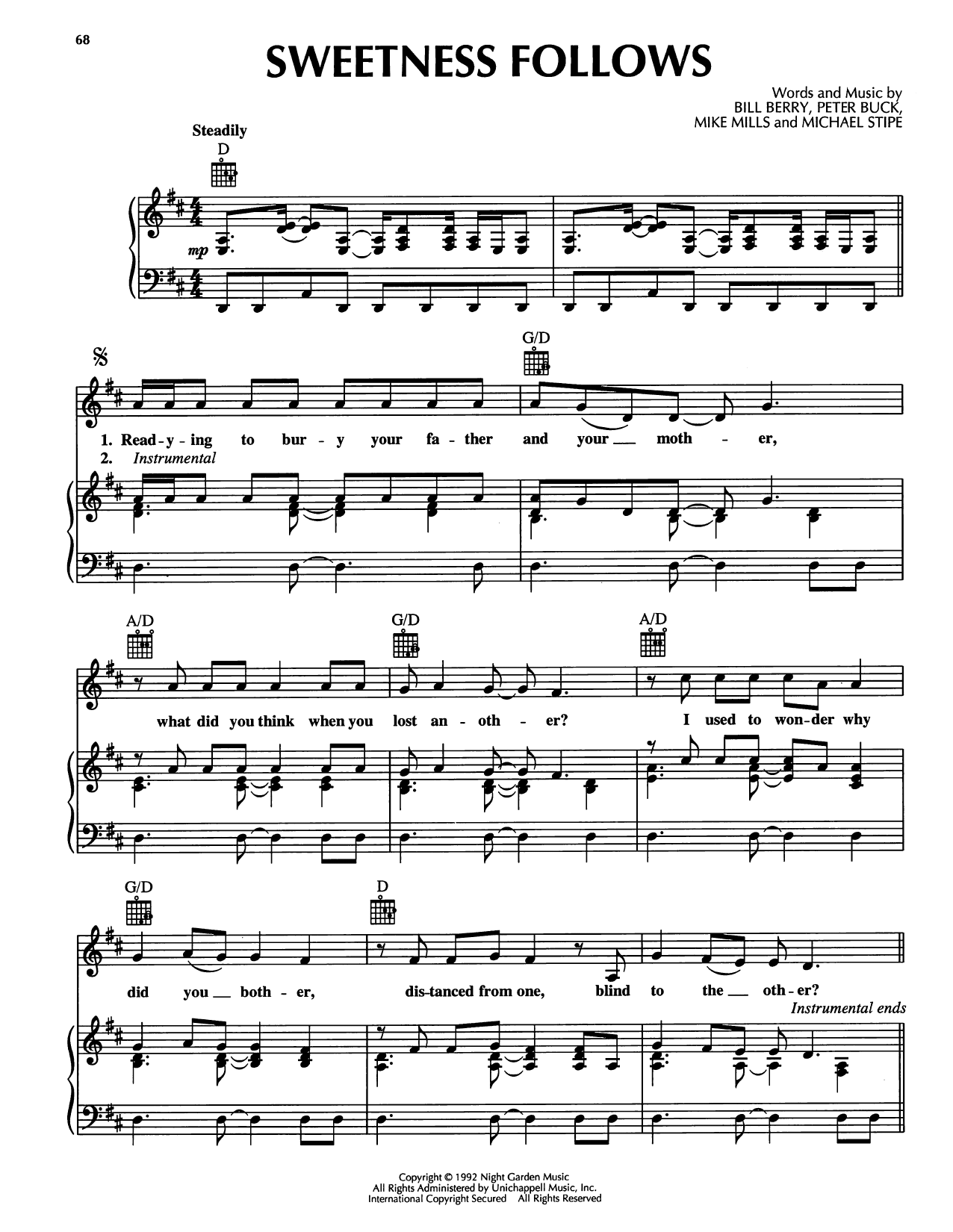 R.E.M. Sweetness Follows sheet music notes and chords arranged for Piano, Vocal & Guitar Chords (Right-Hand Melody)