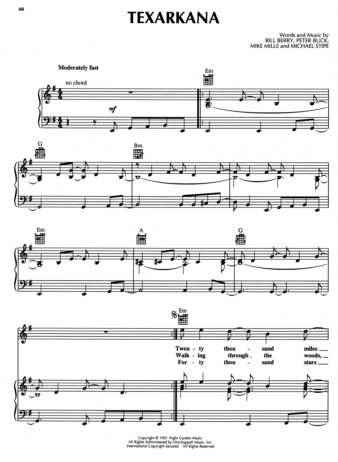R.E.M. Texarkana sheet music notes and chords arranged for Piano, Vocal & Guitar Chords (Right-Hand Melody)