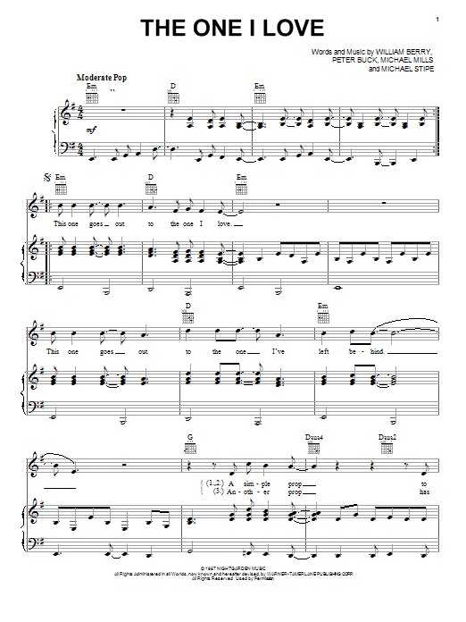 R.E.M. The One I Love sheet music notes and chords arranged for Piano, Vocal & Guitar Chords (Right-Hand Melody)