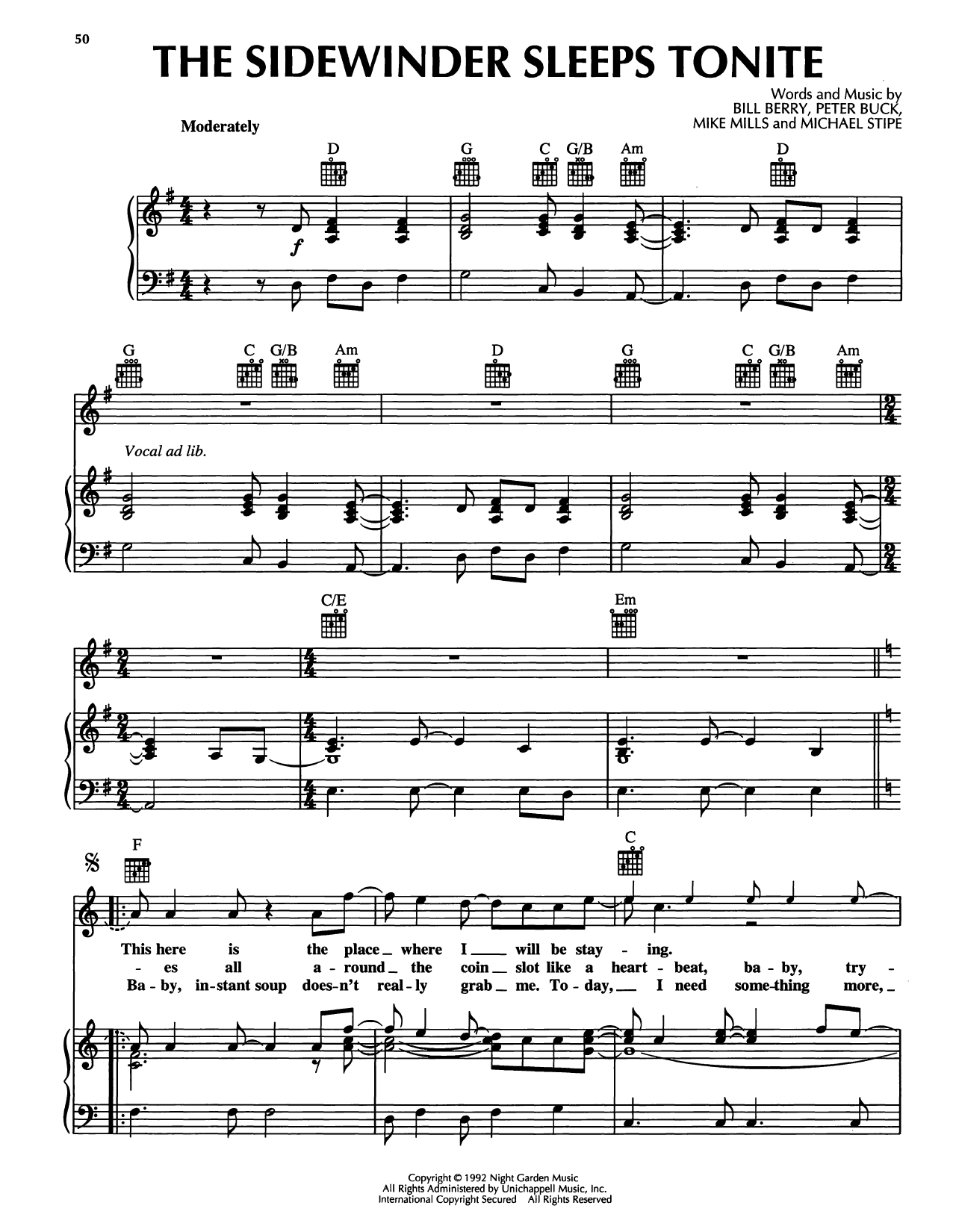R.E.M. The Sidewinder Sleeps Tonite sheet music notes and chords arranged for Piano, Vocal & Guitar Chords (Right-Hand Melody)
