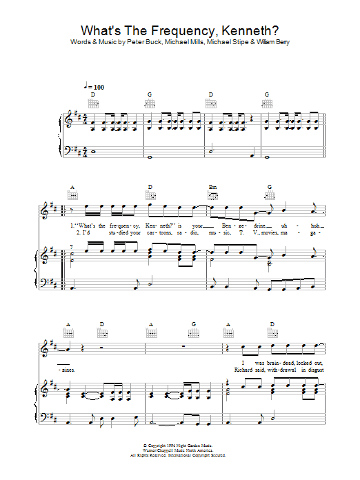 R.E.M. What's The Frequency, Kenneth? sheet music notes and chords arranged for Piano, Vocal & Guitar Chords (Right-Hand Melody)
