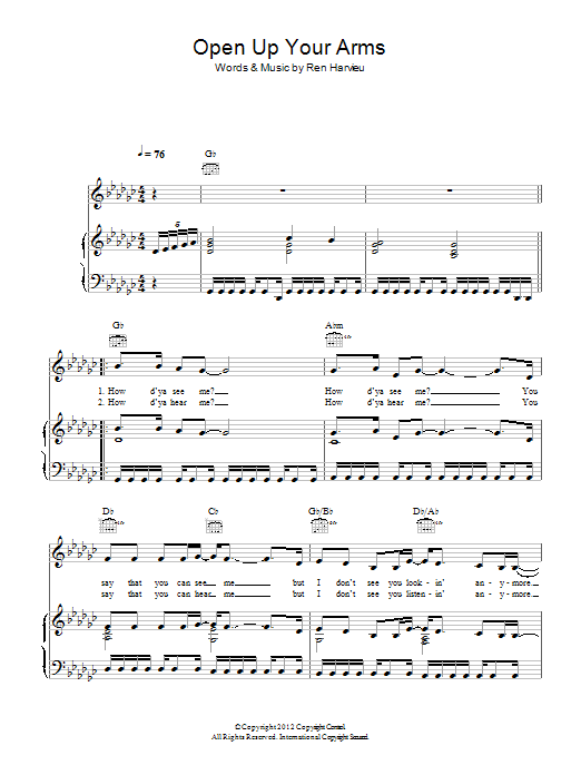 Ren Harvieu Open Up Your Arms sheet music notes and chords arranged for Piano, Vocal & Guitar Chords