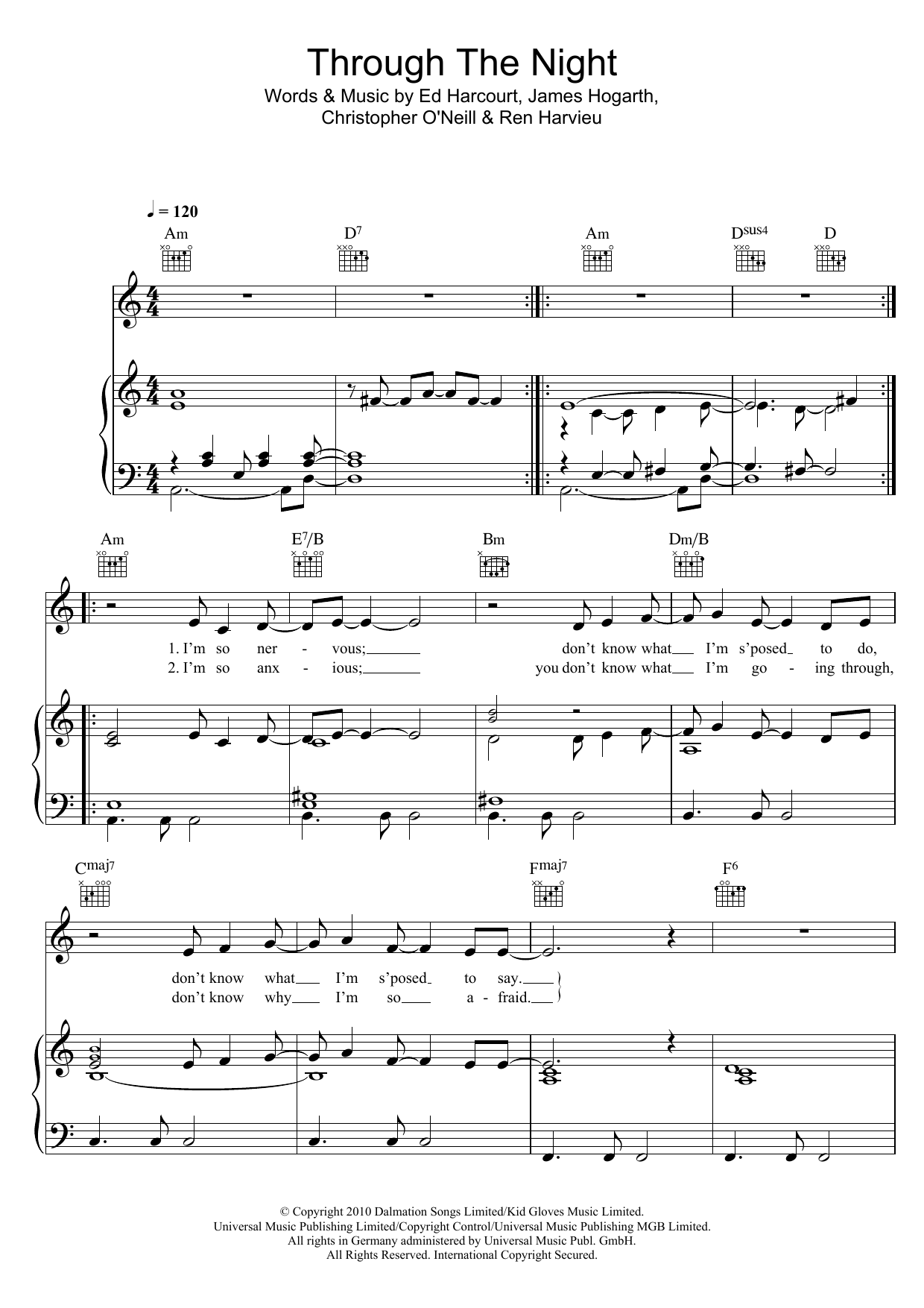 Ren Harvieu Through The Night sheet music notes and chords arranged for Piano, Vocal & Guitar Chords