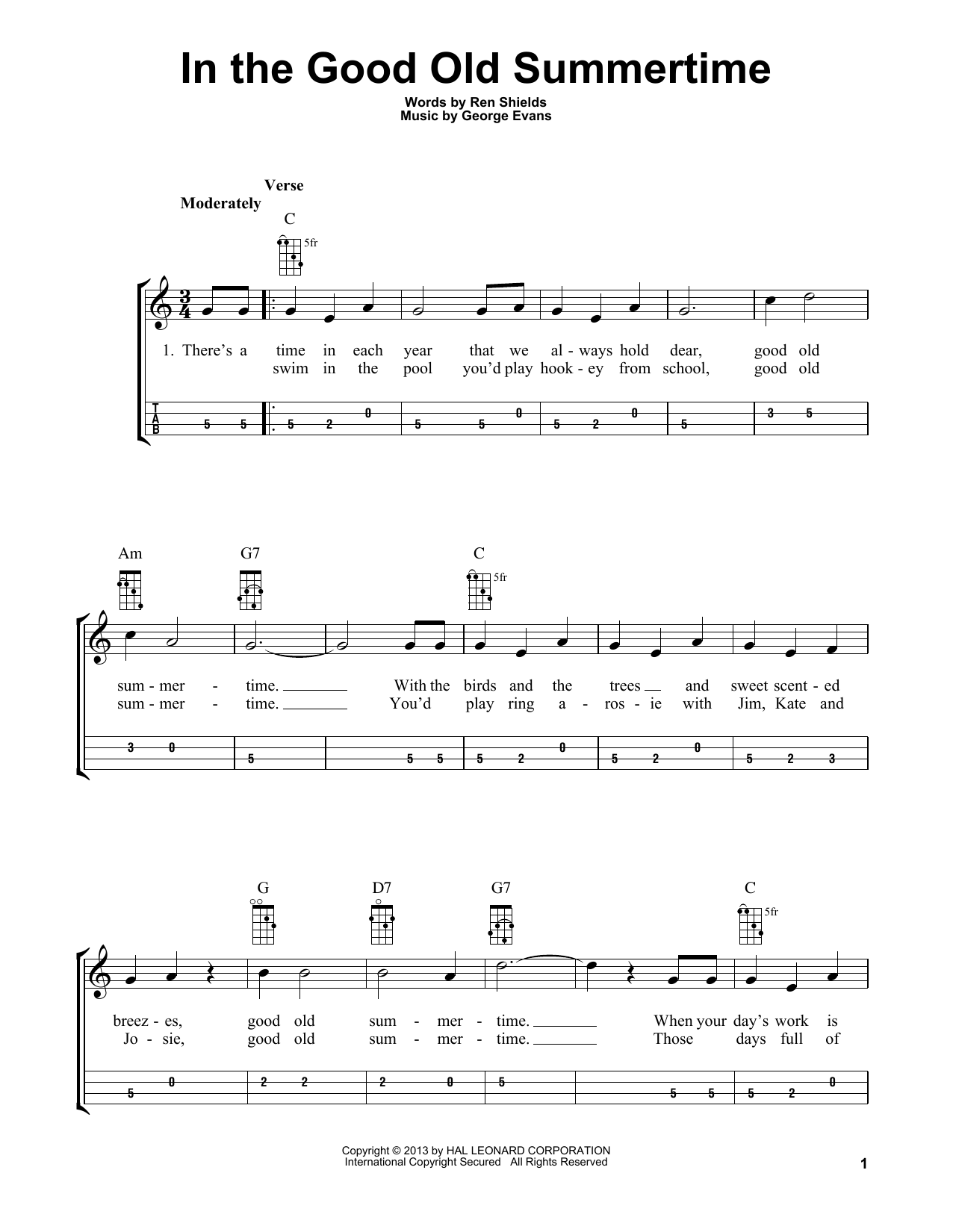 Ren Shields and George Evans In The Good Old Summertime (arr. Bobby Westfall) sheet music notes and chords arranged for Mandolin