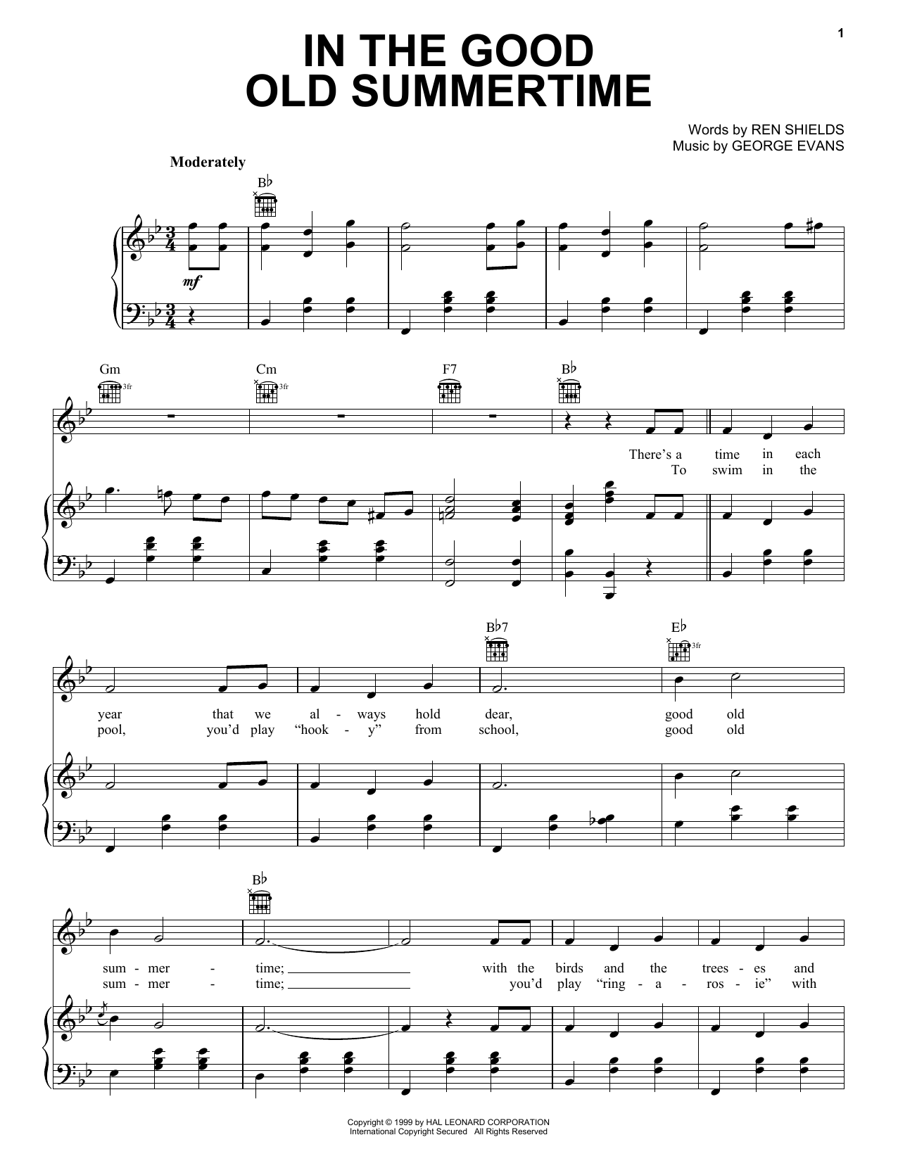 Ren Shields and George Evans In The Good Old Summertime sheet music notes and chords arranged for Piano, Vocal & Guitar Chords (Right-Hand Melody)