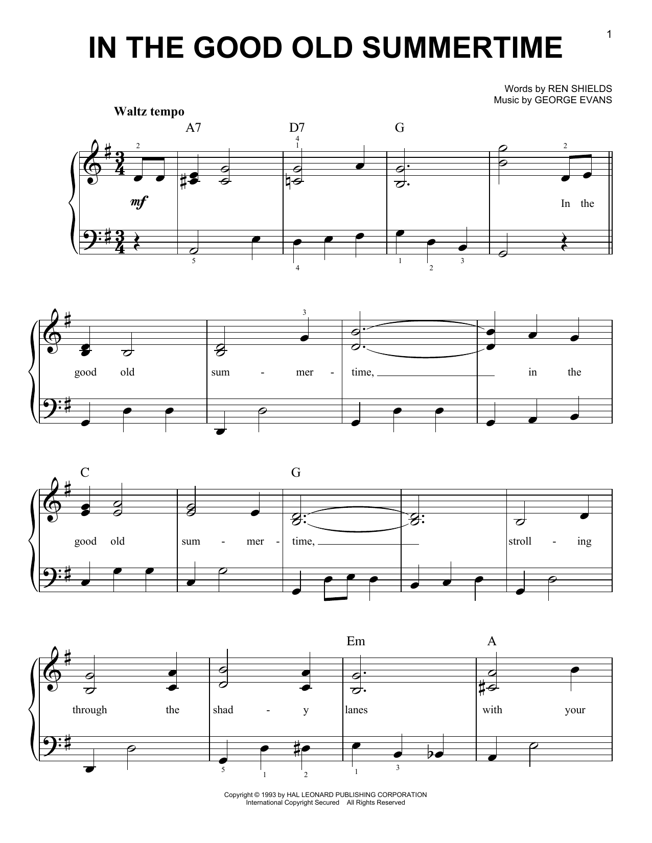Ren Shields In The Good Old Summertime sheet music notes and chords arranged for Easy Piano