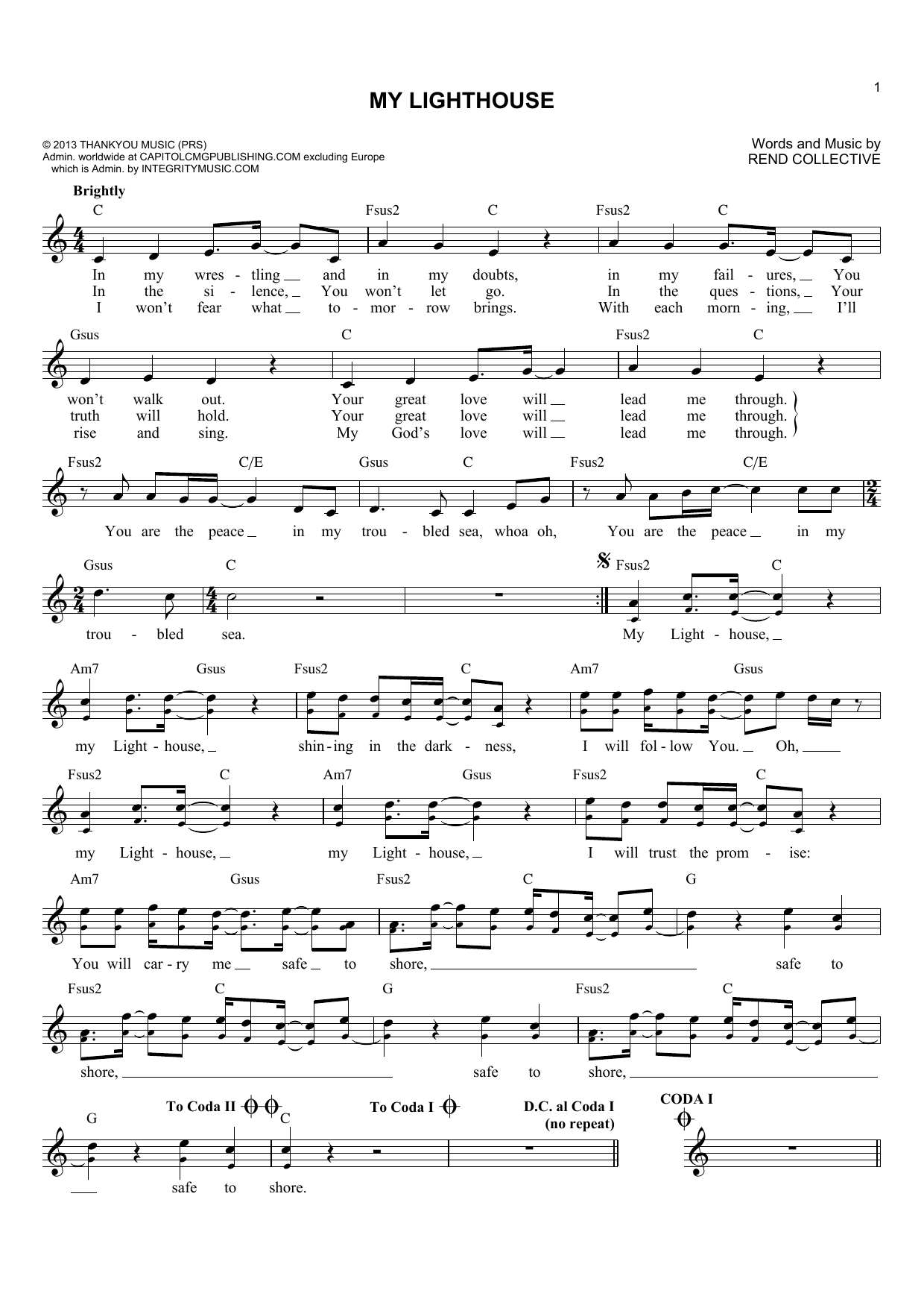 Rend Collective My Lighthouse sheet music notes and chords arranged for Lead Sheet / Fake Book