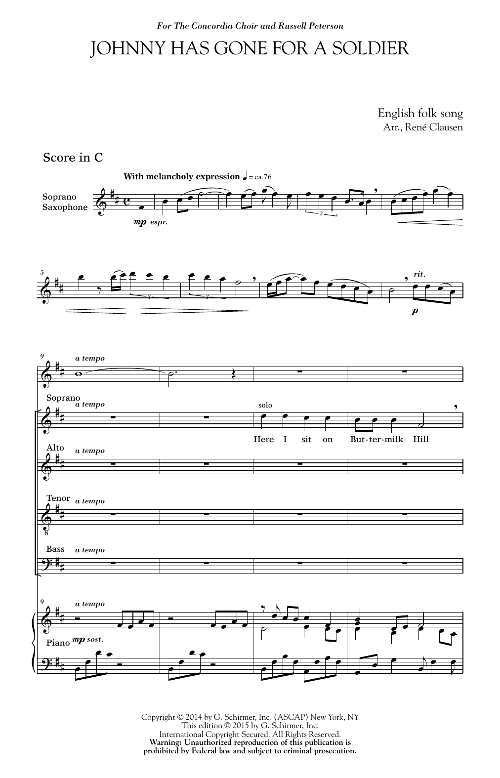 René Clausen Johnny Has Gone For A Soldier sheet music notes and chords arranged for SATB Choir