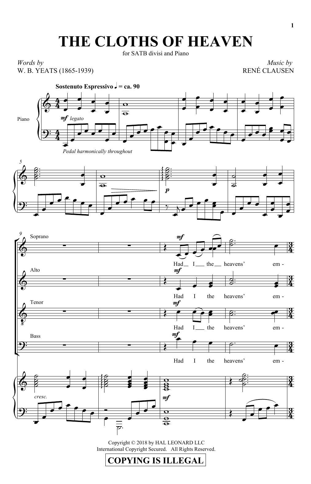 Rene Clausen The Cloths Of Heaven sheet music notes and chords arranged for SATB Choir