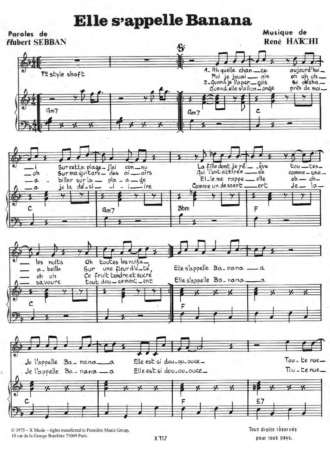 Rene Hatchy Elle S'appelle Banana sheet music notes and chords arranged for Piano & Vocal