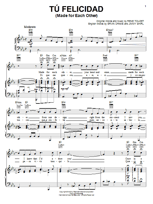 Rene Touzet Tu Felicidad (Made For Each Other) sheet music notes and chords arranged for Piano, Vocal & Guitar Chords (Right-Hand Melody)
