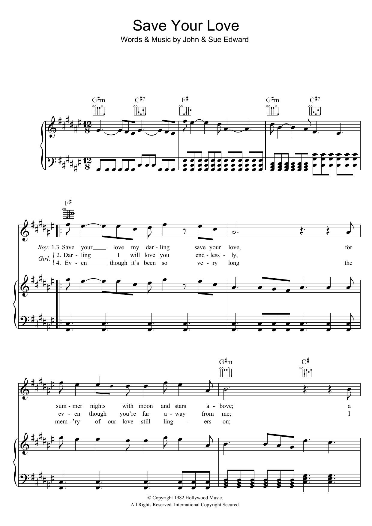 Renée and Renato Save Your Love sheet music notes and chords arranged for Piano, Vocal & Guitar Chords