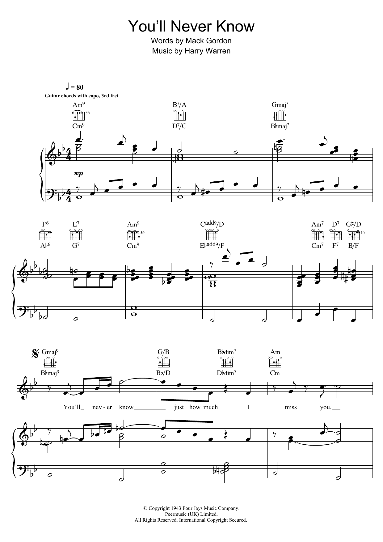 Renée Fleming You'll Never Know (from The Shape of Water) sheet music notes and chords arranged for Piano, Vocal & Guitar Chords