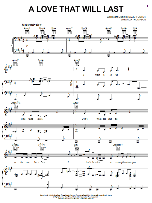 Renee Olstead A Love That Will Last sheet music notes and chords arranged for Piano, Vocal & Guitar Chords (Right-Hand Melody)