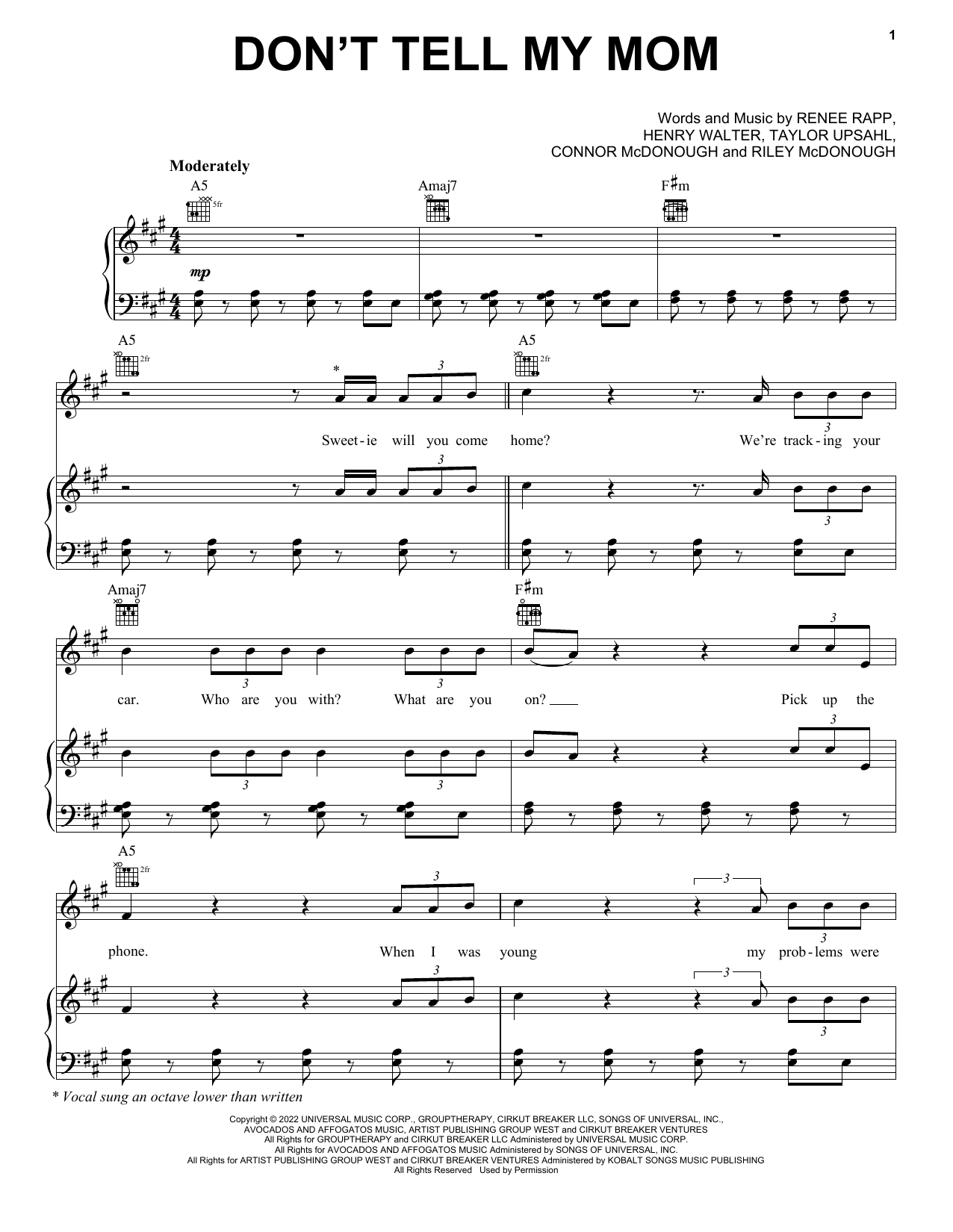 Reneé Rapp Don't Tell My Mom sheet music notes and chords arranged for Piano, Vocal & Guitar Chords (Right-Hand Melody)