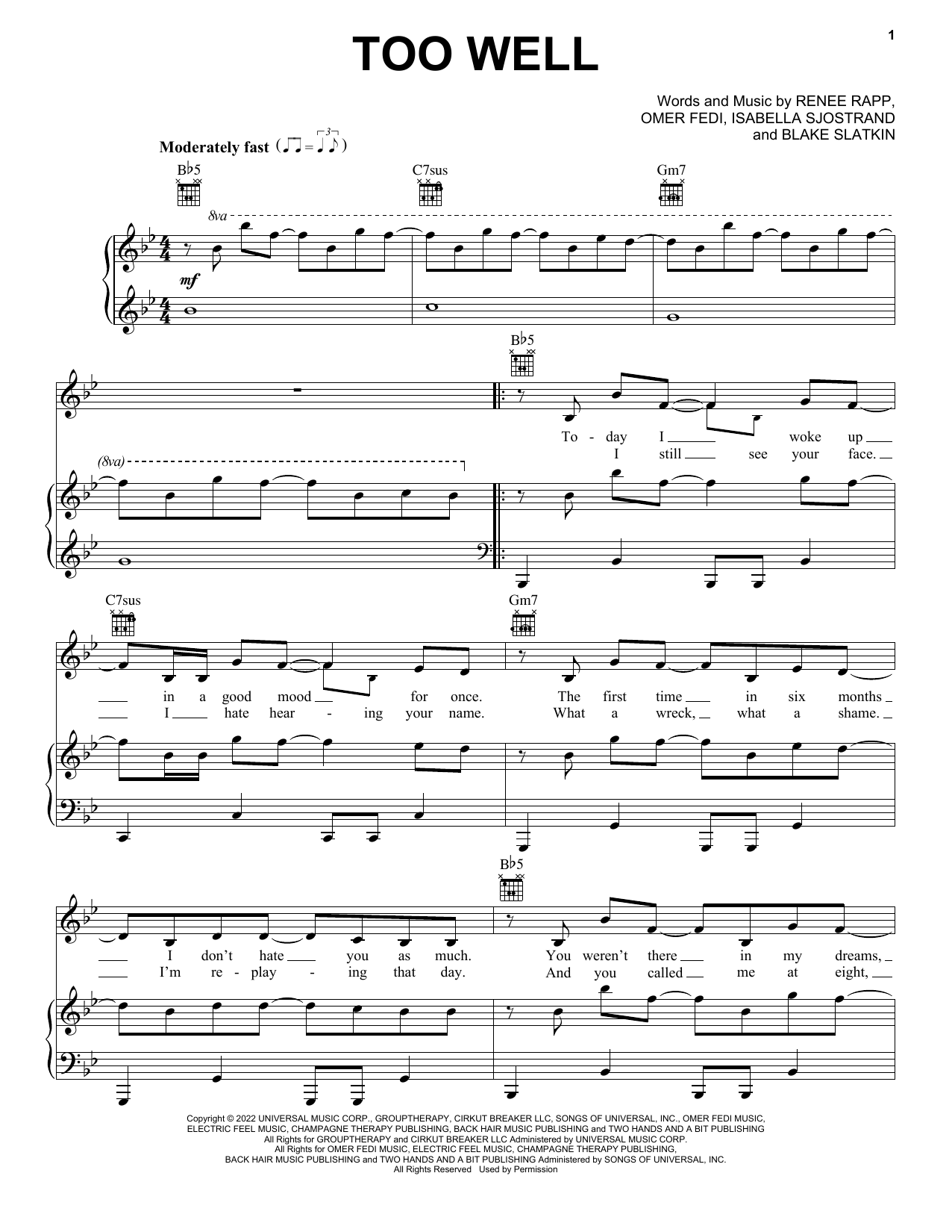 Reneé Rapp Too Well sheet music notes and chords arranged for Piano, Vocal & Guitar Chords (Right-Hand Melody)