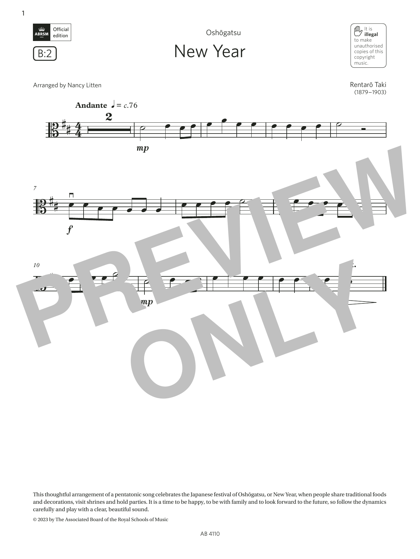 Rentaro Taki New Year (Grade Initial, B2, from the ABRSM Viola Syllabus from 2024) sheet music notes and chords arranged for Viola Solo