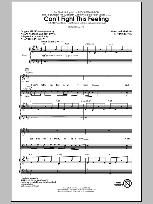 REO Speedwagon Can't Fight This Feeling (from Glee) (adapt. Alan Billingsley) sheet music notes and chords arranged for SAB Choir