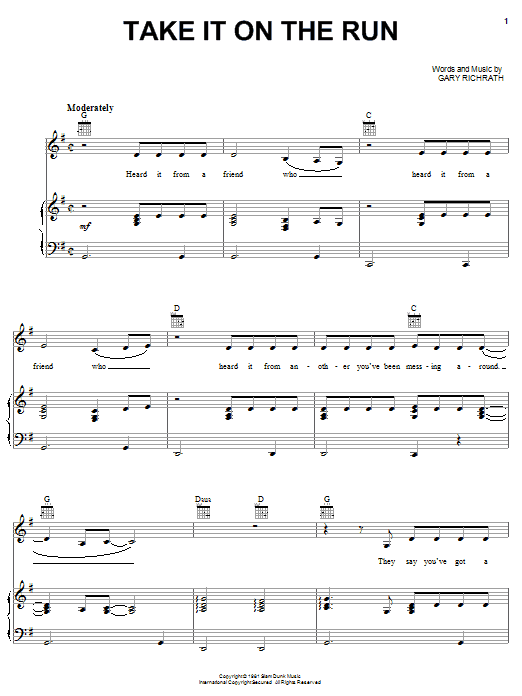 REO Speedwagon Take It On The Run sheet music notes and chords arranged for Piano, Vocal & Guitar Chords (Right-Hand Melody)