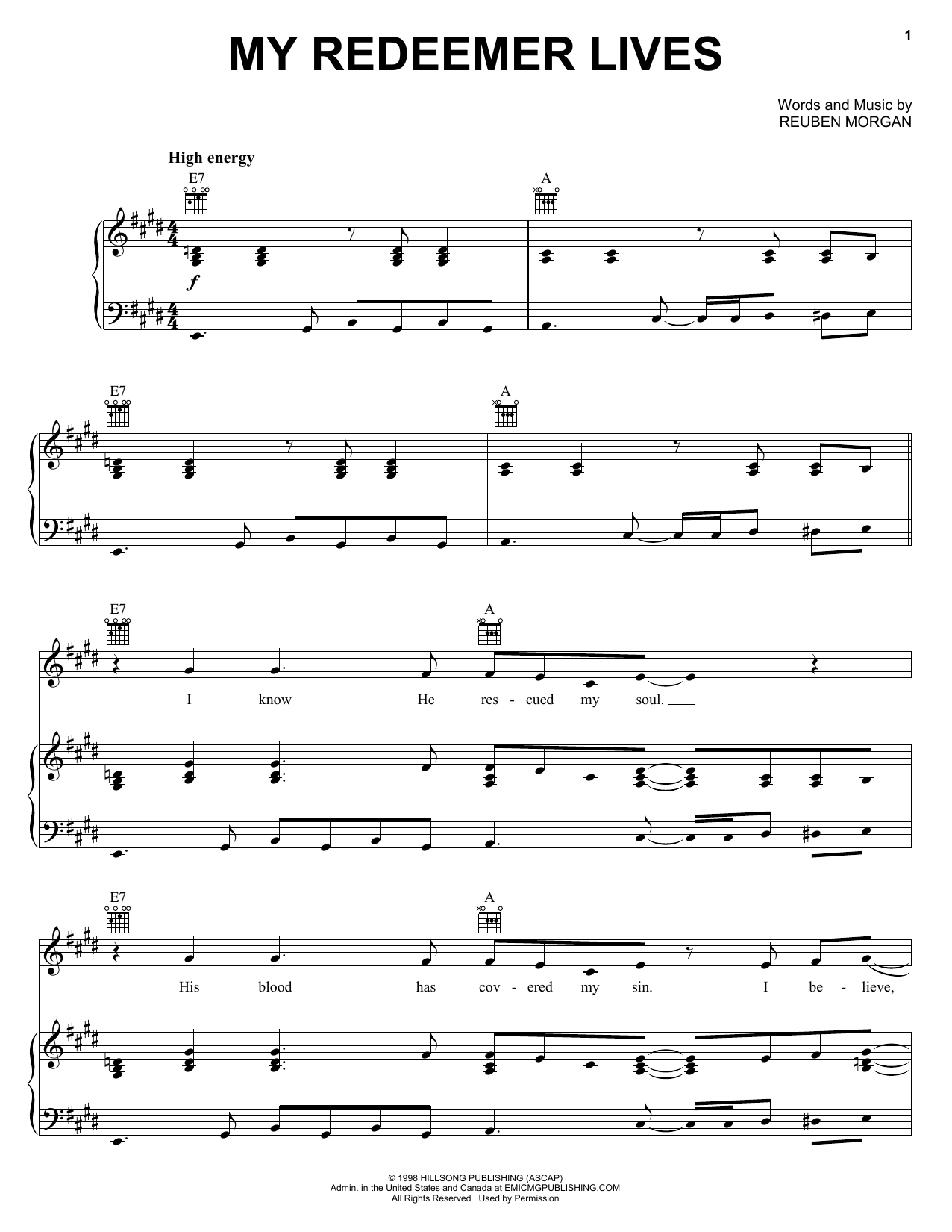 Reuben Morgan My Redeemer Lives sheet music notes and chords arranged for Easy Piano