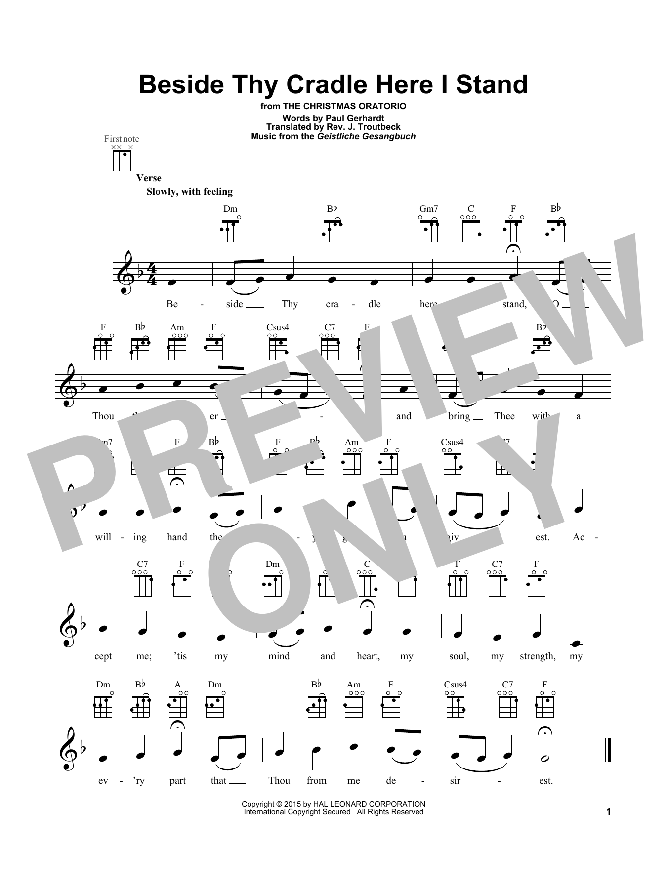 Rev. J. Troutbeck (trans.) Beside Thy Cradle Here I Stand sheet music notes and chords arranged for Ukulele