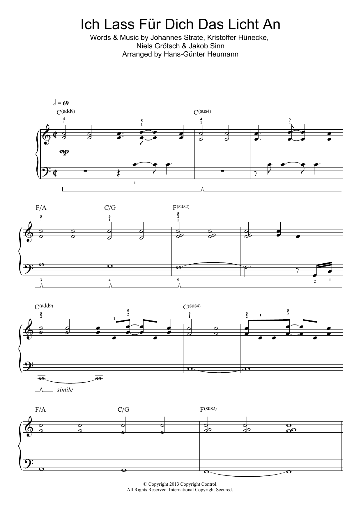 Revolverheld Ich Lass Für Dich Das Licht An sheet music notes and chords arranged for Easy Piano