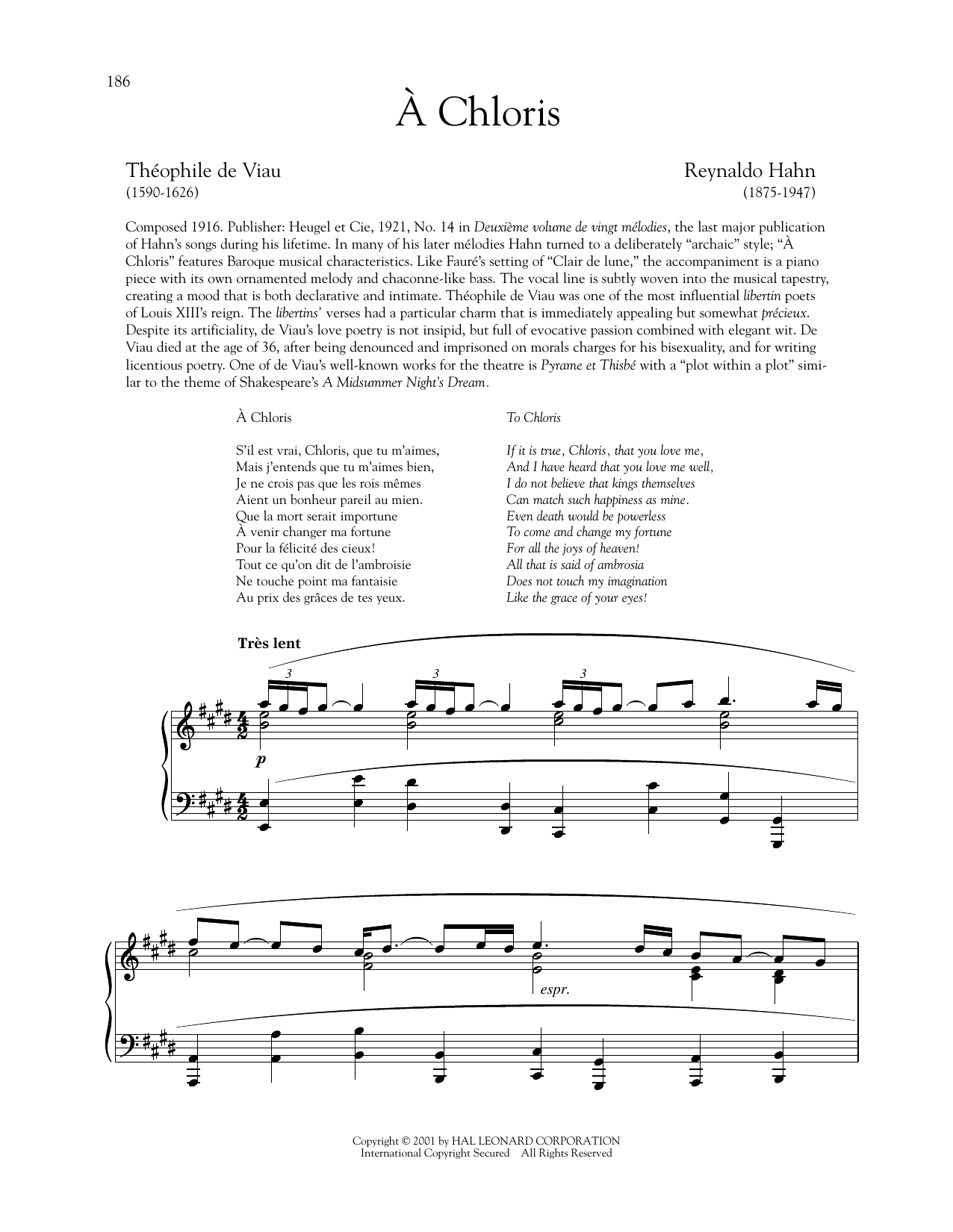 Reynaldo Hahn A Chloris sheet music notes and chords arranged for Piano & Vocal