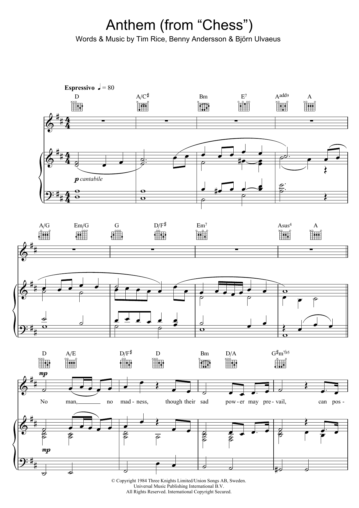 Rhydian Anthem (from Chess) sheet music notes and chords arranged for Piano, Vocal & Guitar Chords