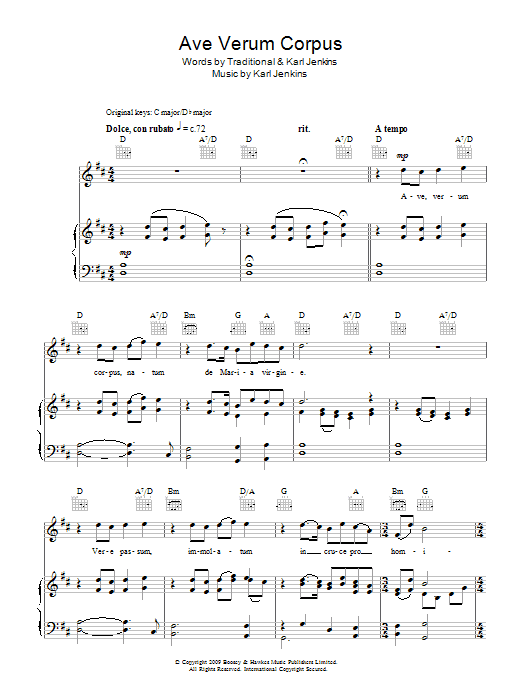 Rhydian Ave Verum Corpus sheet music notes and chords arranged for Piano, Vocal & Guitar Chords