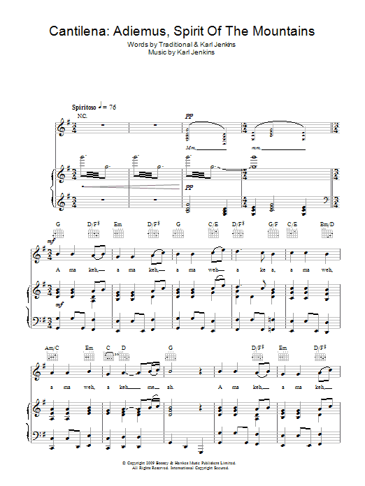 Rhydian Cantilena: Adiemus, Spirit Of The Mountains sheet music notes and chords arranged for Piano, Vocal & Guitar Chords