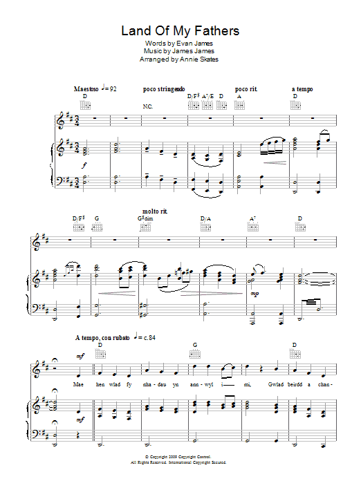 Rhydian Land Of My Fathers sheet music notes and chords arranged for Piano, Vocal & Guitar Chords