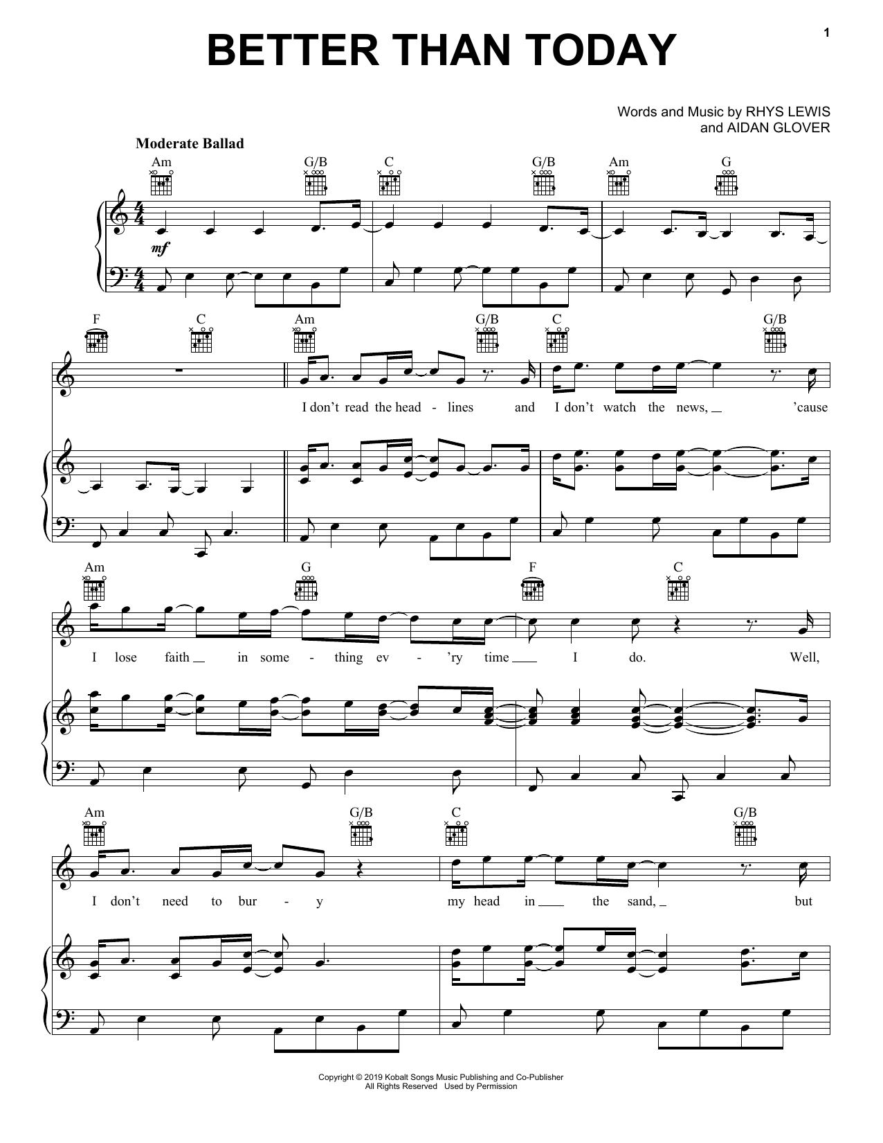 Rhys Lewis Better Than Today sheet music notes and chords arranged for Piano, Vocal & Guitar Chords (Right-Hand Melody)