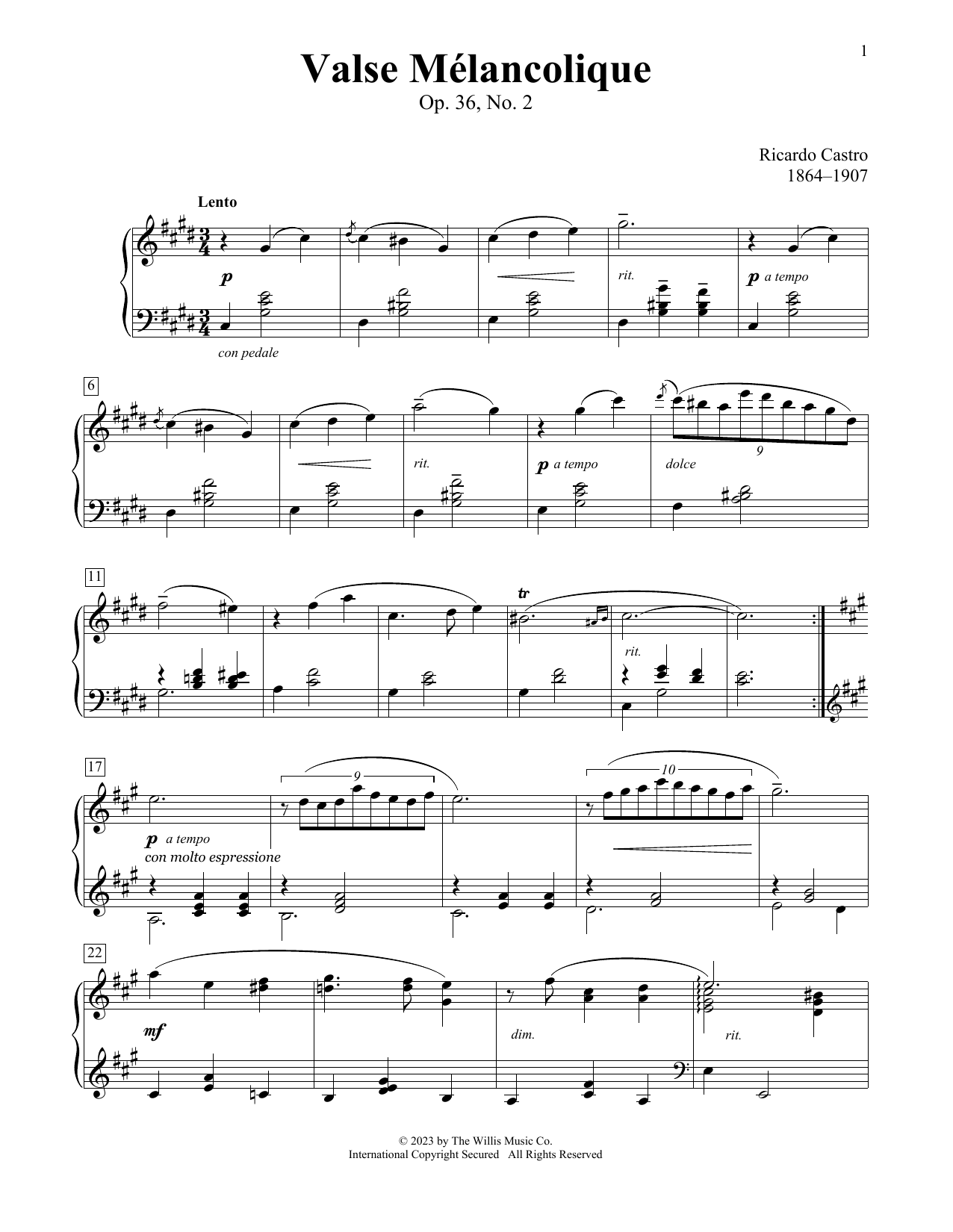 Ricardo Castro Valse Melancolique, Op. 36, No.2 sheet music notes and chords arranged for Educational Piano