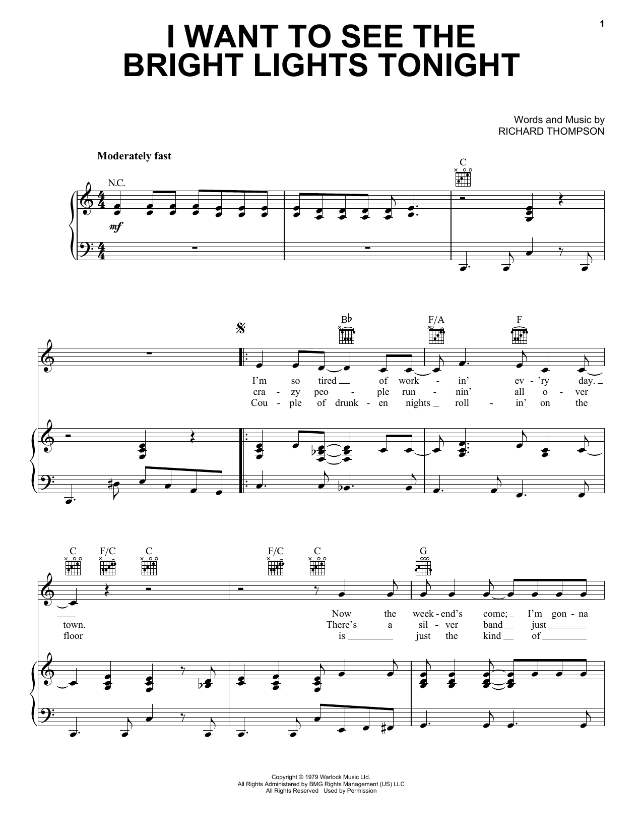 Richard & Linda Thompson I Want To See The Bright Lights Tonight sheet music notes and chords arranged for Piano, Vocal & Guitar Chords (Right-Hand Melody)