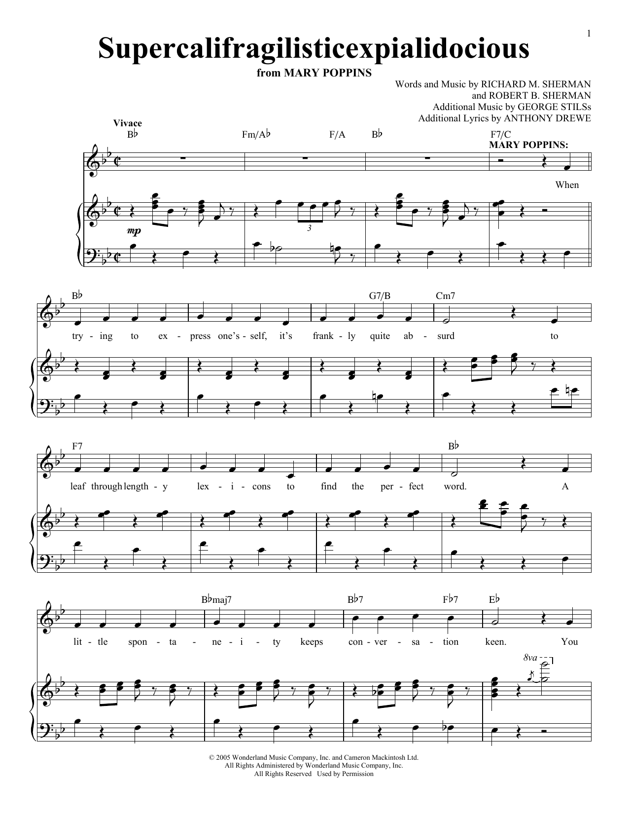 Richard & Robert Sherman Supercalifragilisticexpialidocious (from Mary Poppins) sheet music notes and chords arranged for Piano & Vocal