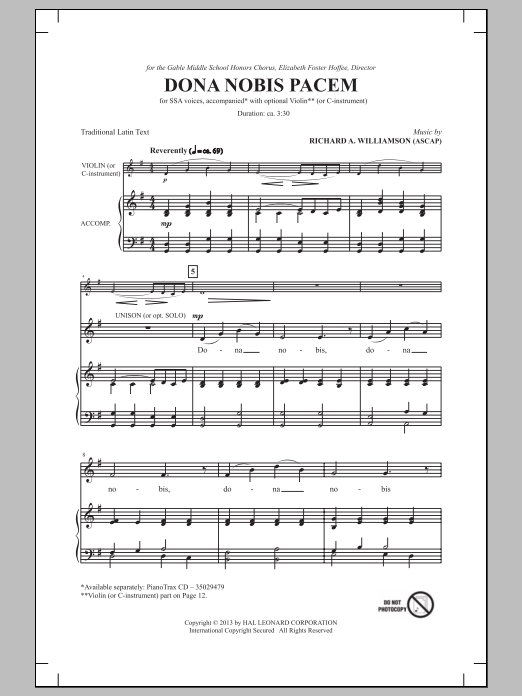 Richard A. Williamson Dona Nobis Pacem sheet music notes and chords arranged for SSA Choir