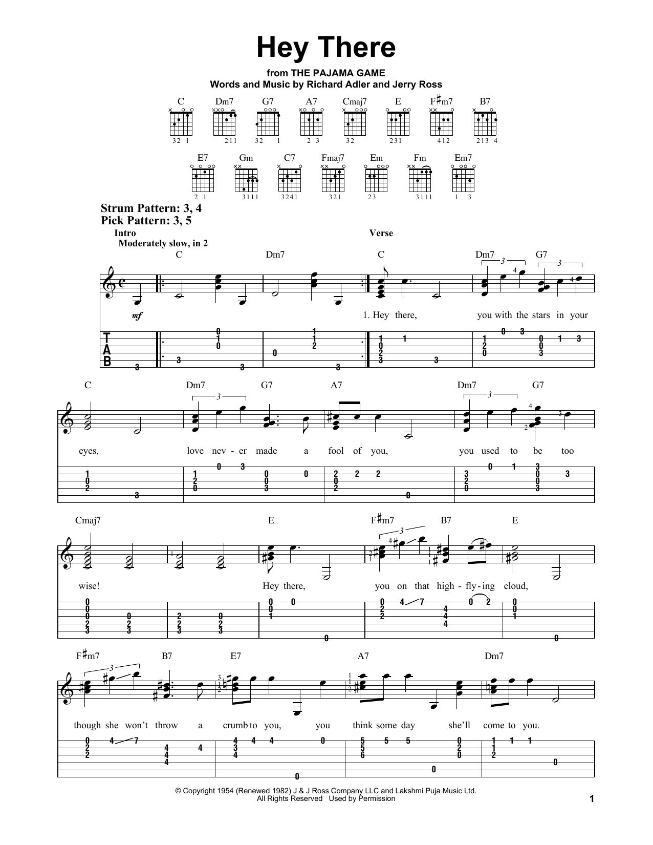 Richard Adler & Jerry Ross Hey There (from The Pajama Game) sheet music notes and chords arranged for Easy Guitar Tab