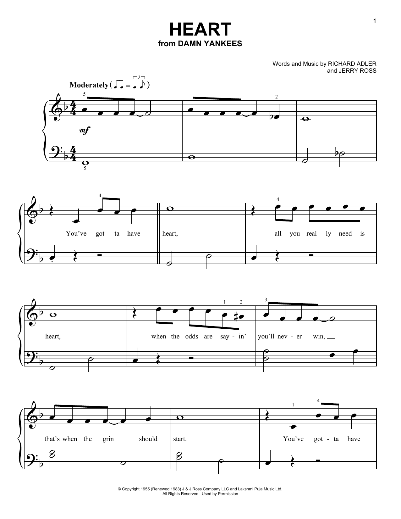 Richard Adler Heart (from Damn Yankees) sheet music notes and chords arranged for Very Easy Piano