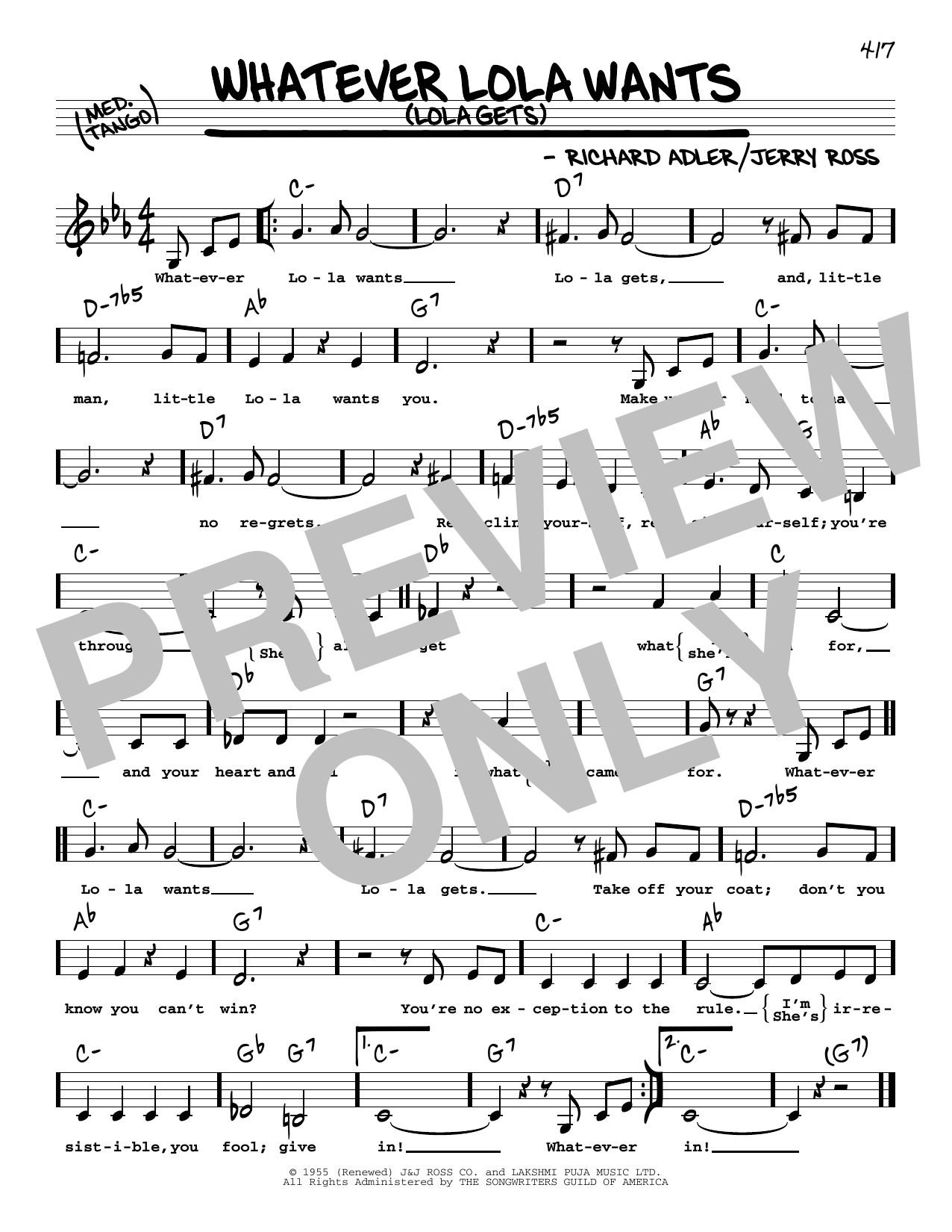 Richard Adler Whatever Lola Wants (Lola Gets) (Low Voice) sheet music notes and chords arranged for Real Book – Melody, Lyrics & Chords