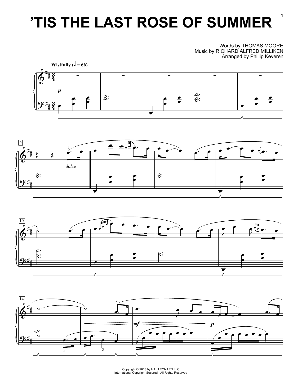 Richard Alfred Milliken 'Tis The Last Rose Of Summer [Classical version] (arr. Phillip Keveren) sheet music notes and chords arranged for Piano Solo
