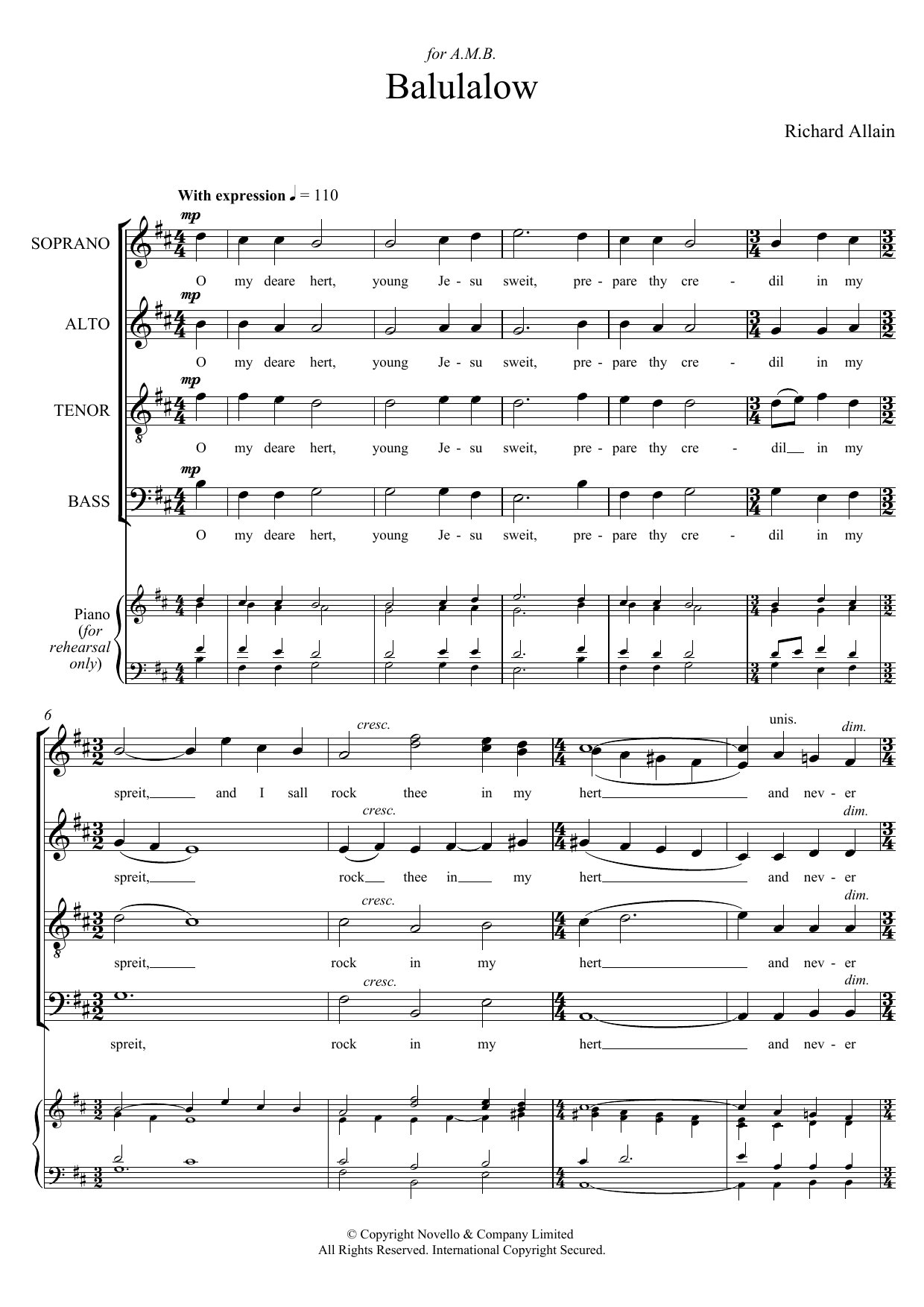 Richard Allain Balulalow sheet music notes and chords arranged for Choir