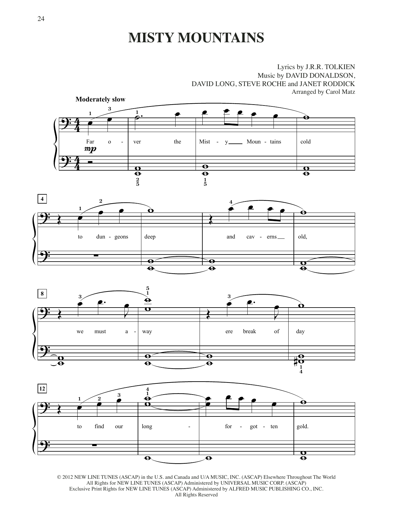 Richard Armitage Misty Mountains (from The Hobbit: An Unexpected Journey) (arr. Carol Matz) sheet music notes and chords arranged for Big Note Piano