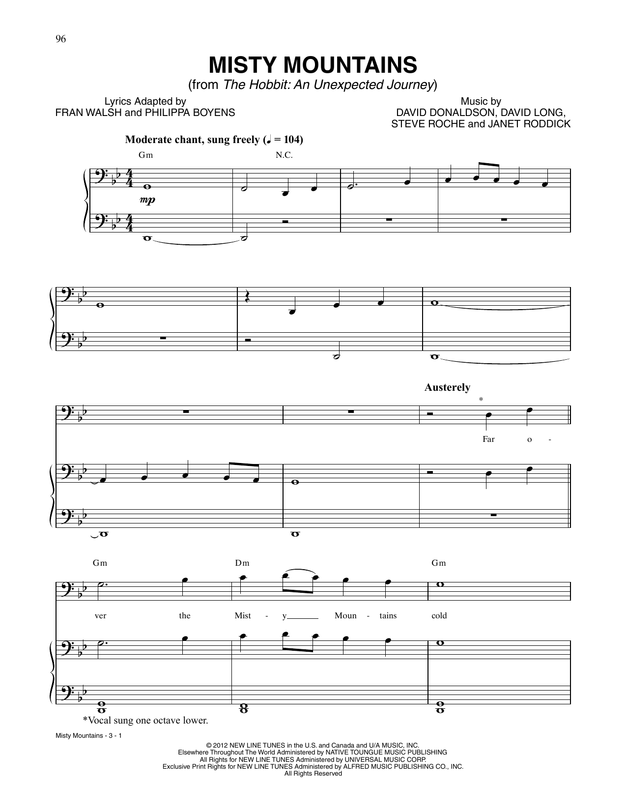 Richard Armitage Misty Mountains (from The Hobbit: An Unexpected Journey) sheet music notes and chords arranged for Piano, Vocal & Guitar Chords (Right-Hand Melody)