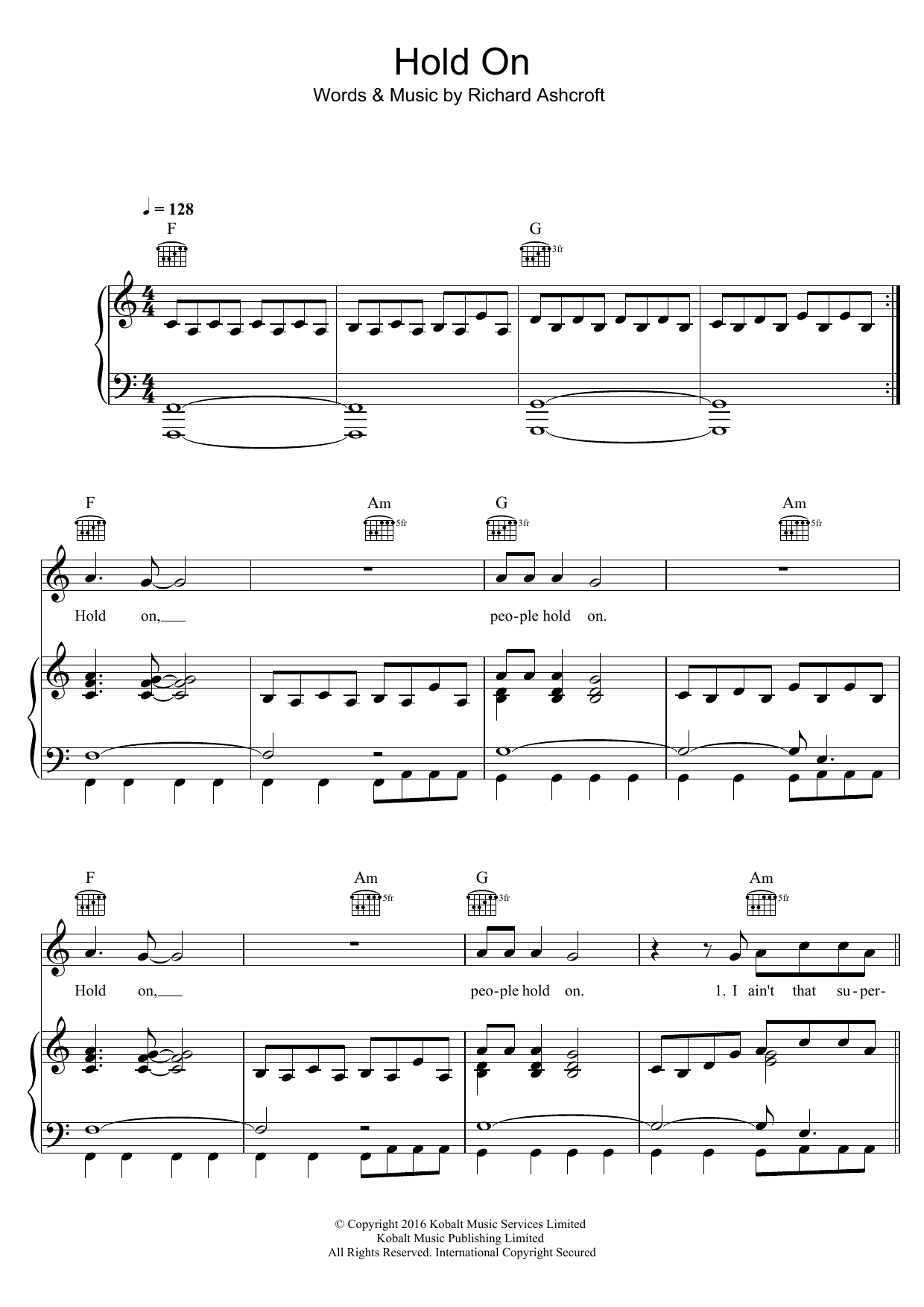 Richard Ashcroft Hold On sheet music notes and chords arranged for Piano, Vocal & Guitar Chords