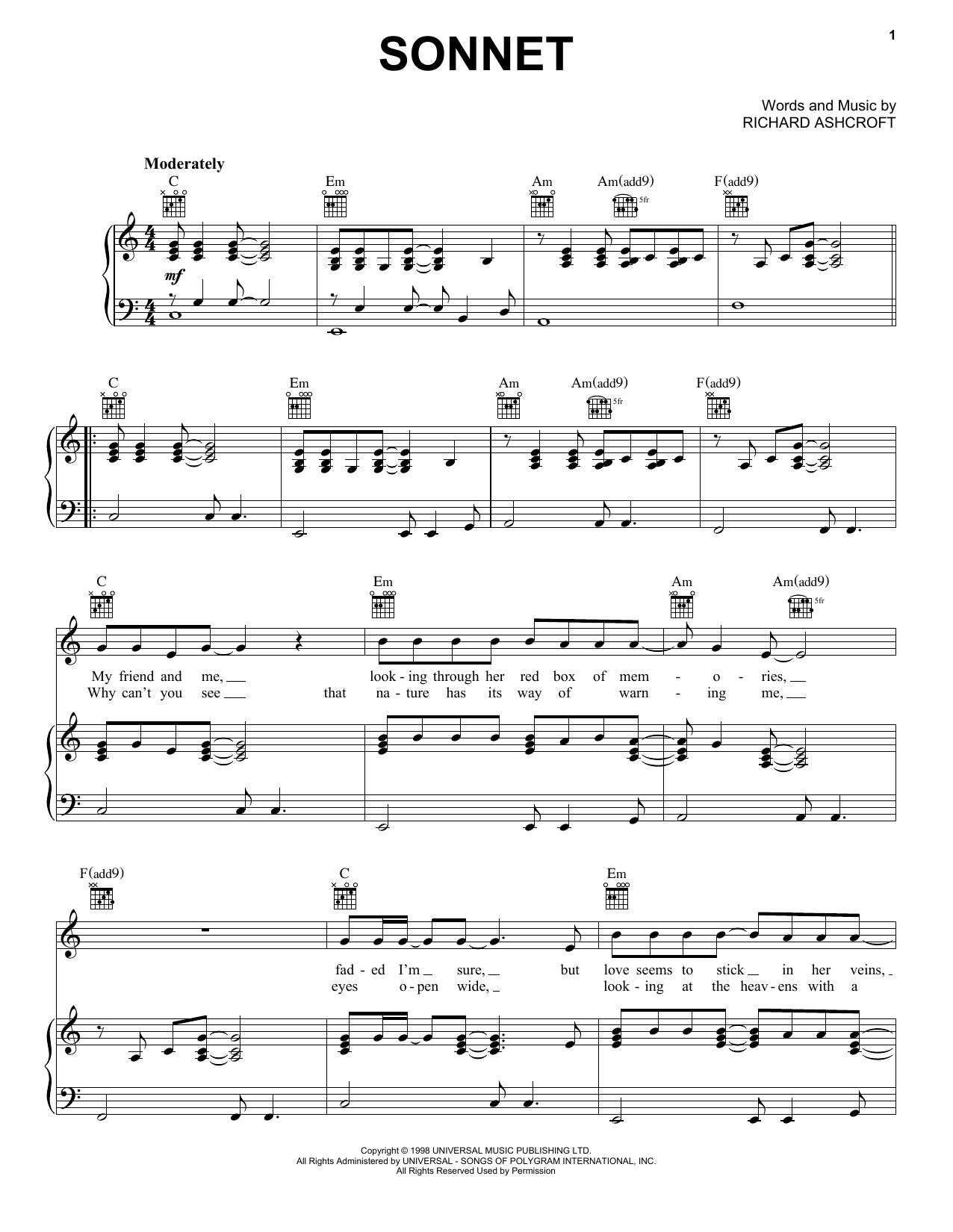 Richard Ashcroft Sonnet (John Lewis 2024) sheet music notes and chords arranged for Piano, Vocal & Guitar Chords (Right-Hand Melody)