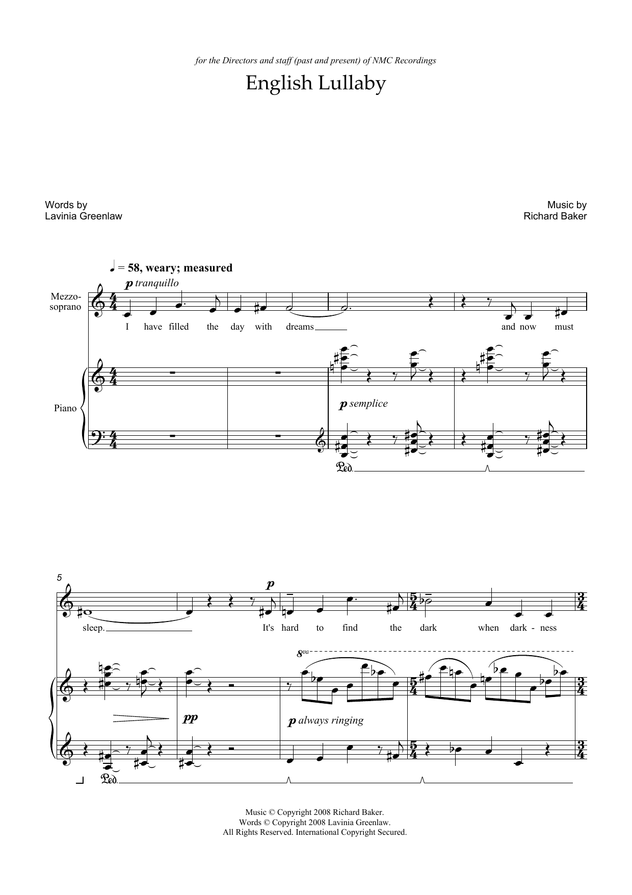 Richard Baker English Lullaby (for mezzo-soprano and piano) sheet music notes and chords arranged for Piano & Vocal
