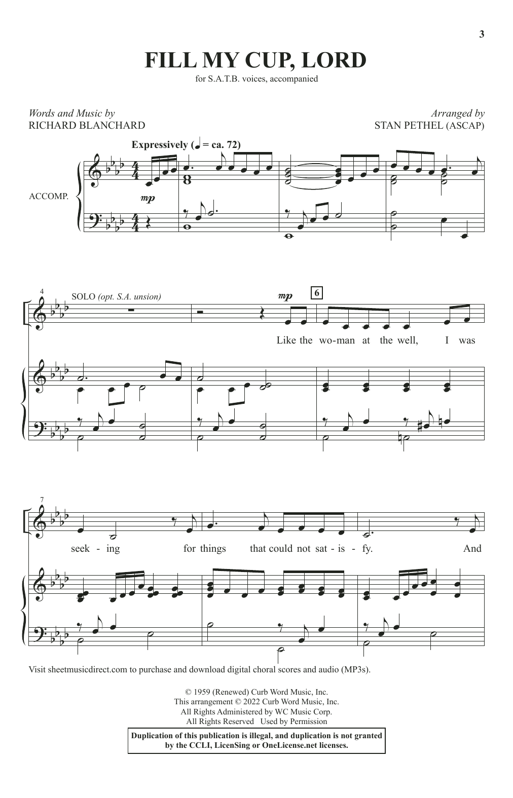 Richard Blanchard Fill My Cup, Lord (arr. Stan Pethel) sheet music notes and chords arranged for SATB Choir