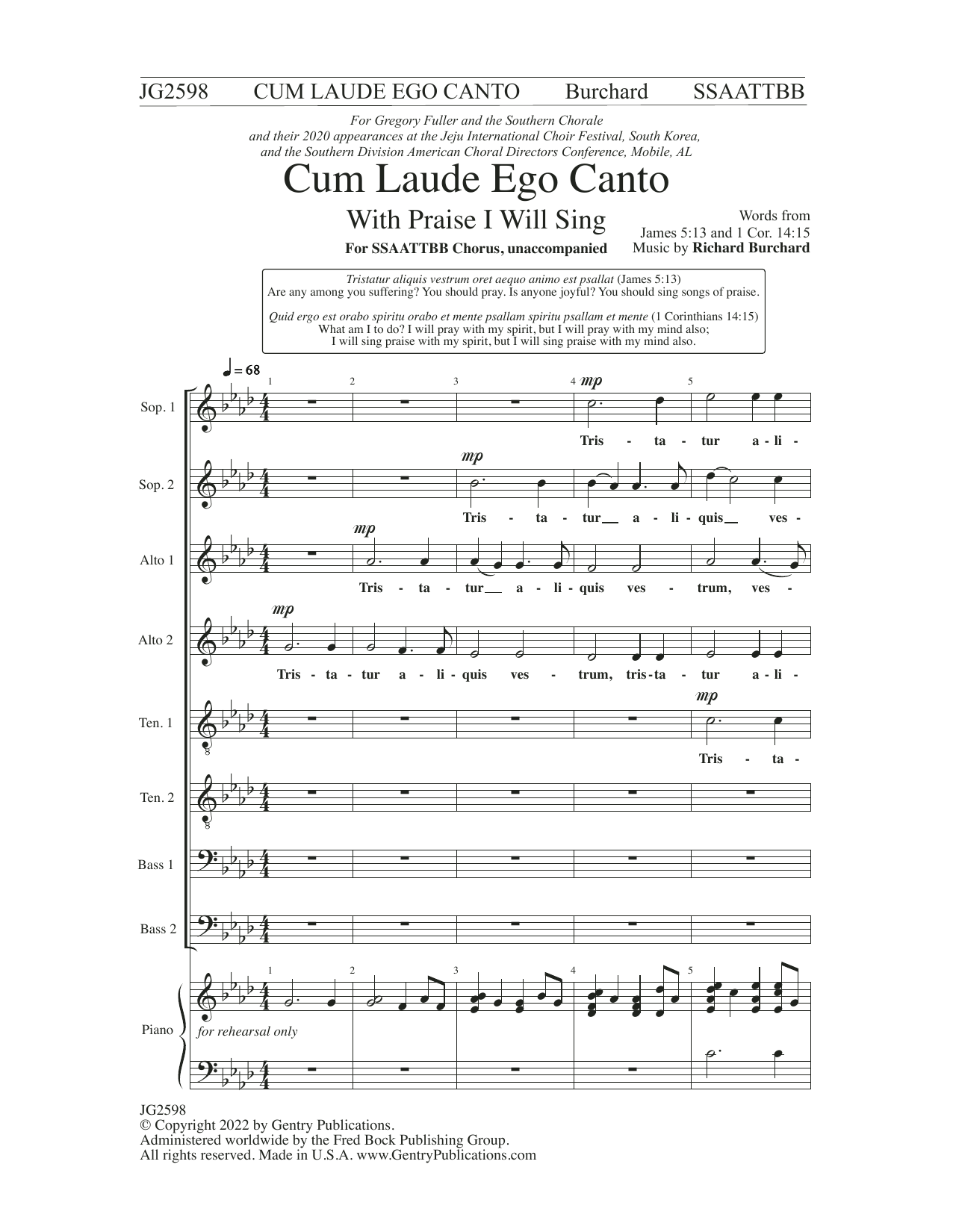 Richard Burchard Cum Laude Ego Canto (With Praise I Will Sing) sheet music notes and chords arranged for Choir