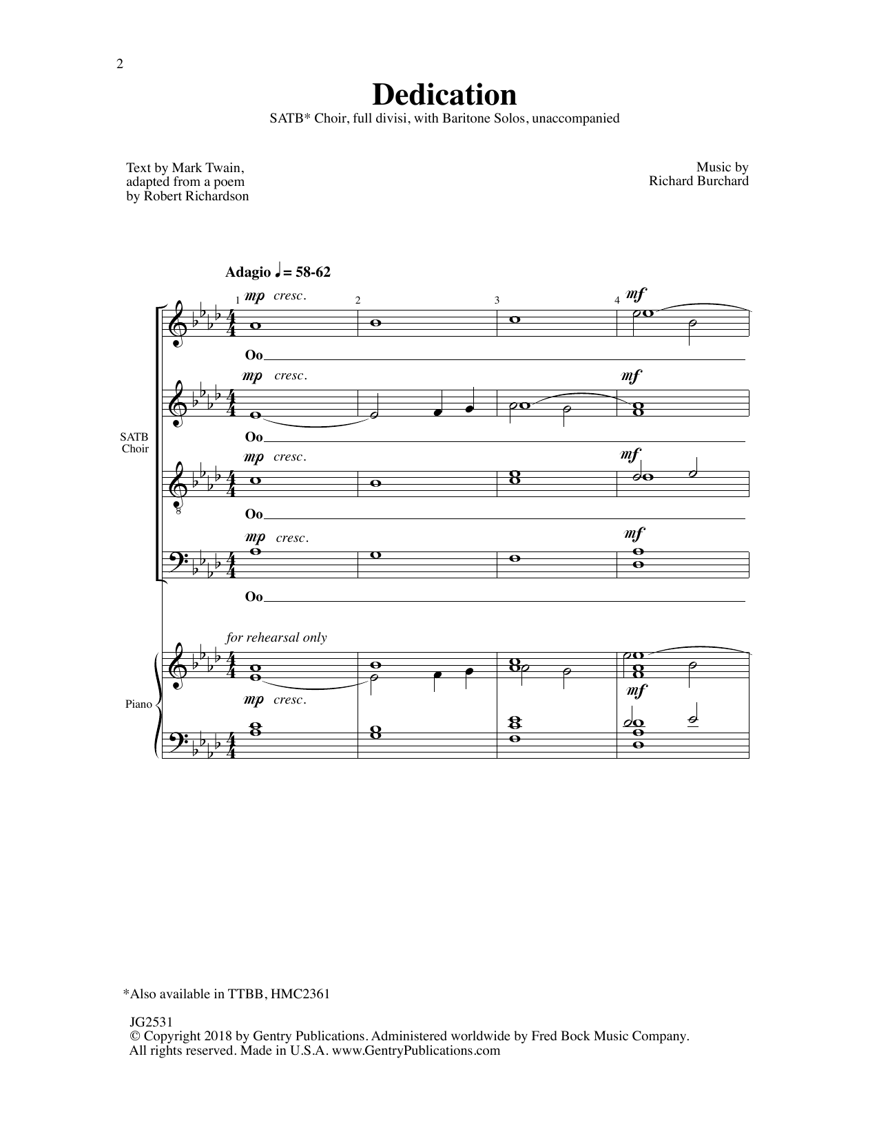 Richard Burchard Dedication sheet music notes and chords arranged for SATB Choir