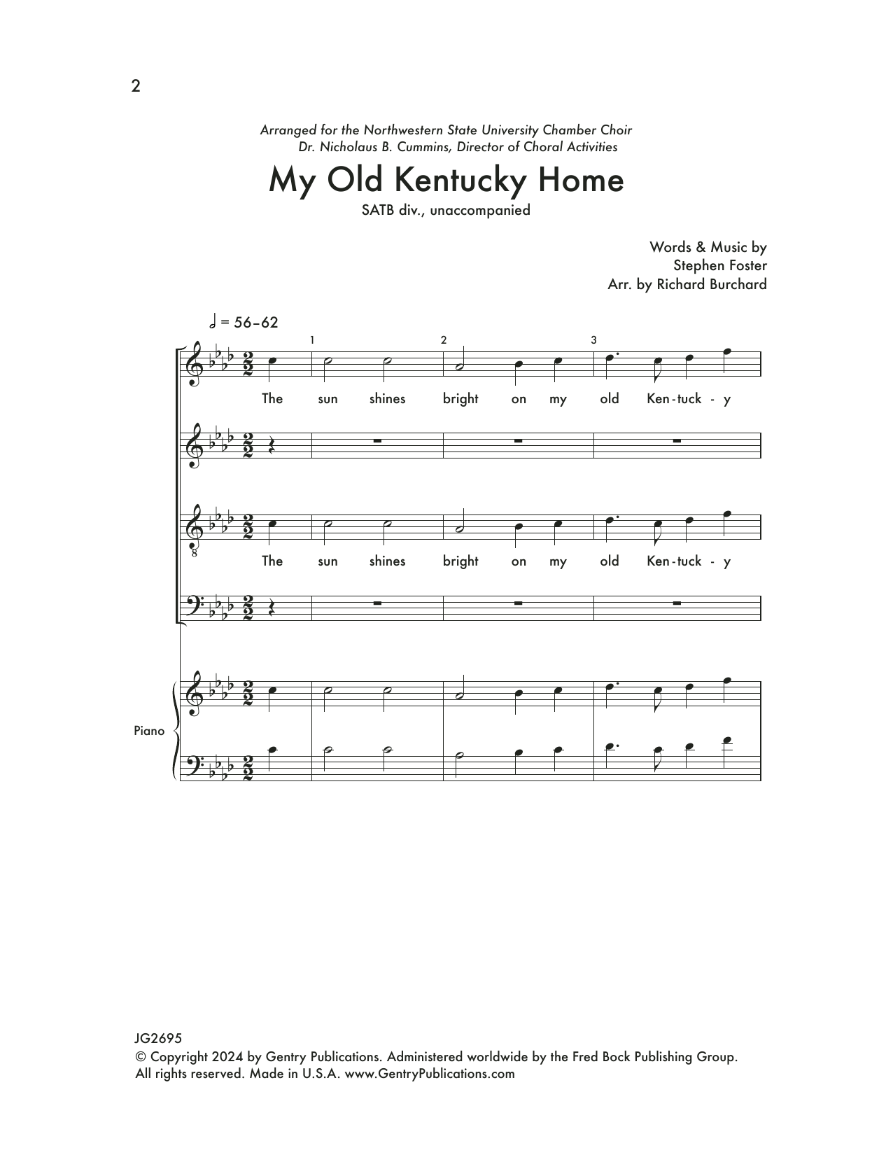 Richard Burchard My Old Kentucky Home sheet music notes and chords arranged for SATB Choir